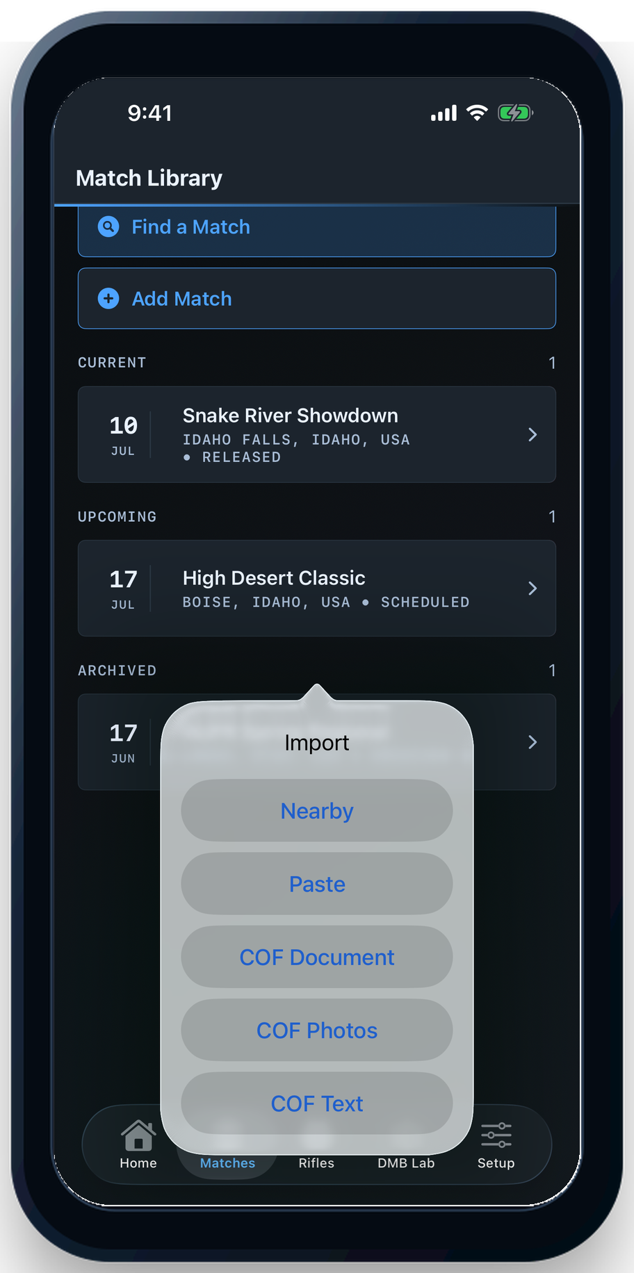 Digital Match Book 2.0 import menu with Nearby, Paste, COF Document, COF Photos, and COF Text choices.