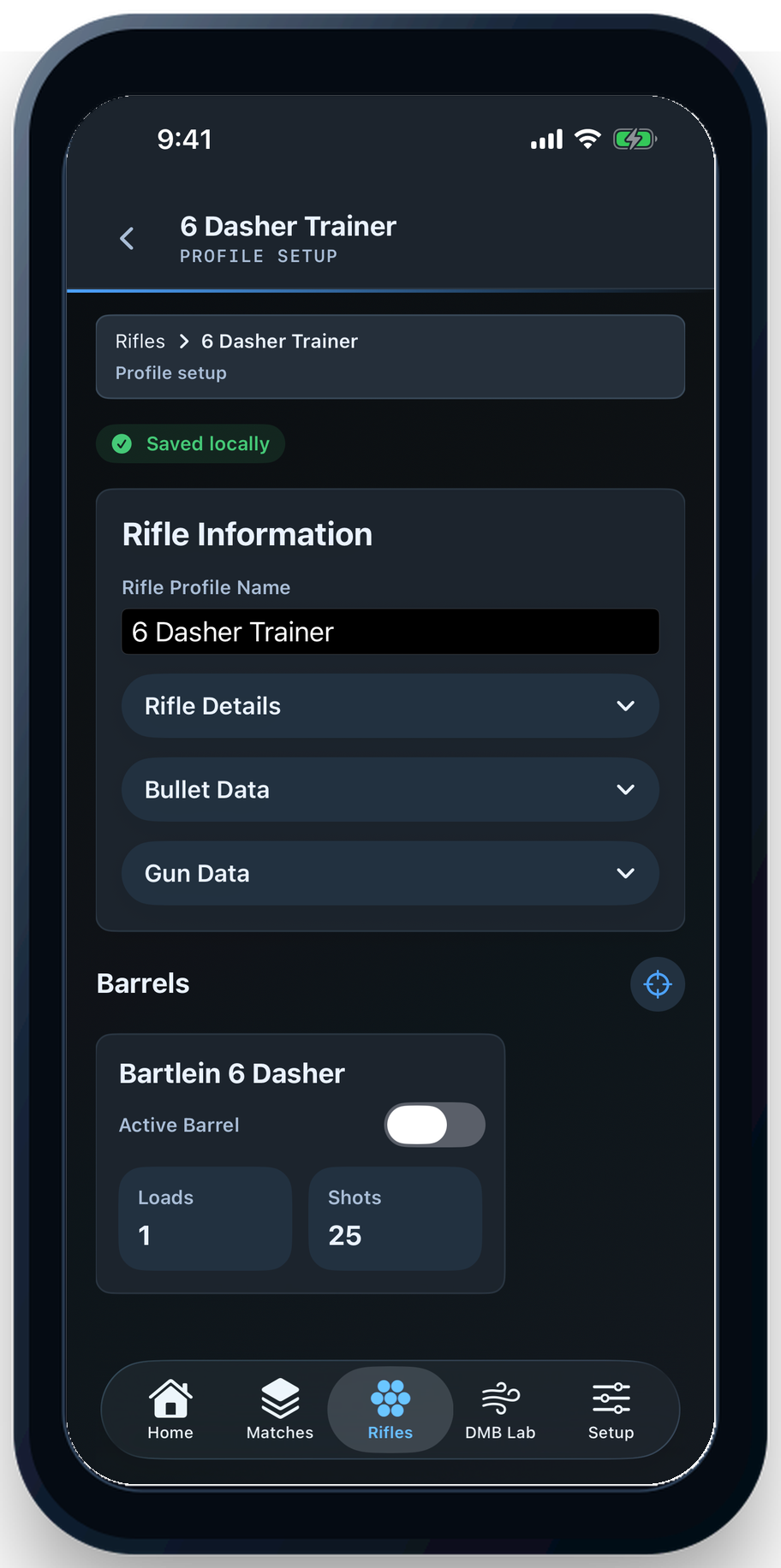 Digital Match Book 2.0 rifle profile showing active barrels, load data, and shot tracking.